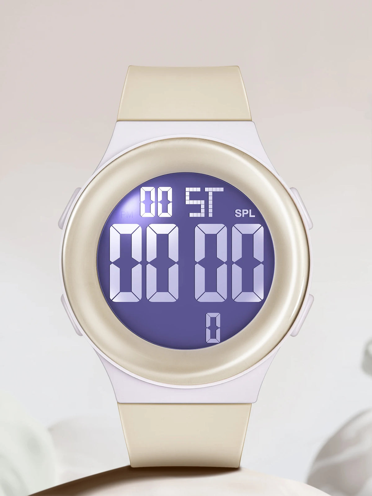 Digital watch with a purple display on a white background