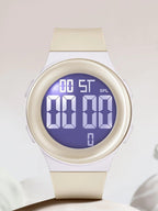 Digital watch with a purple display on a white background