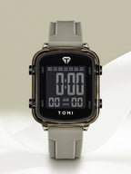 Digital watch with a gray strap on a light background