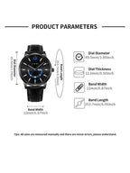 Product parameters of a black wristwatch with measurements on a white background
