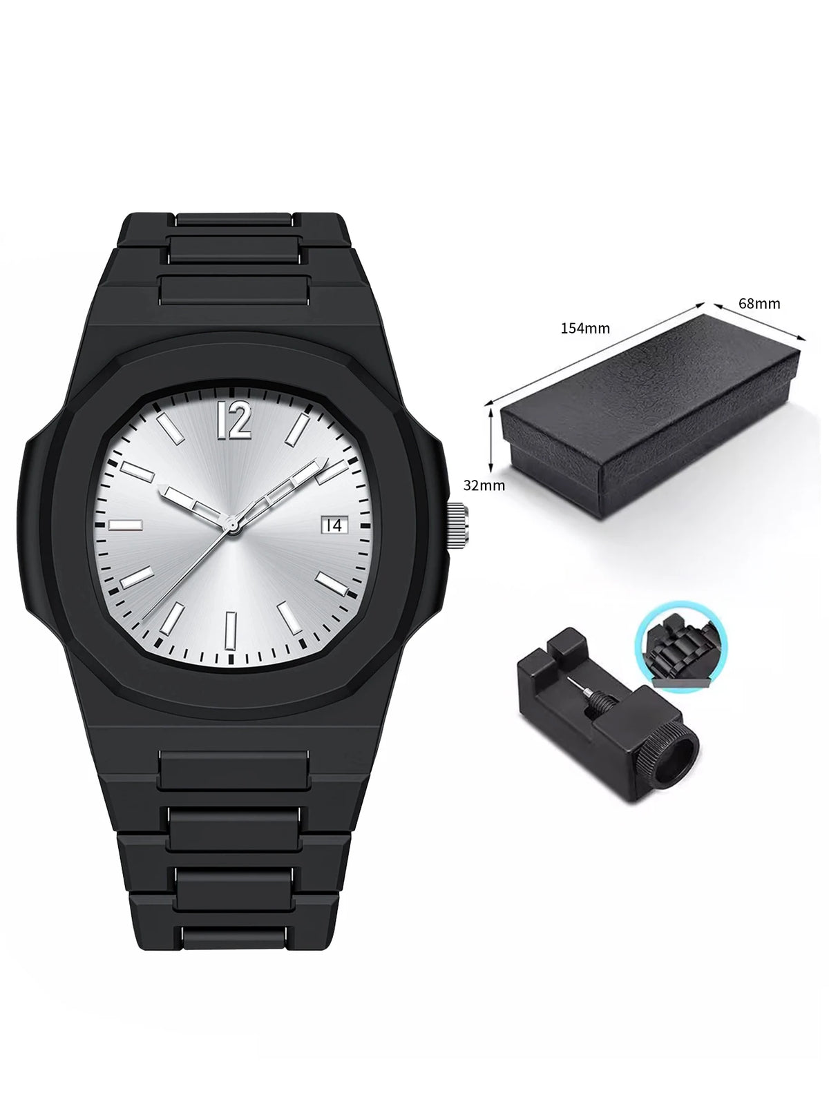 Black wristwatch with silver face, packaging box, and tool on a white background