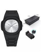 Black wristwatch with silver face, packaging box, and tool on a white background