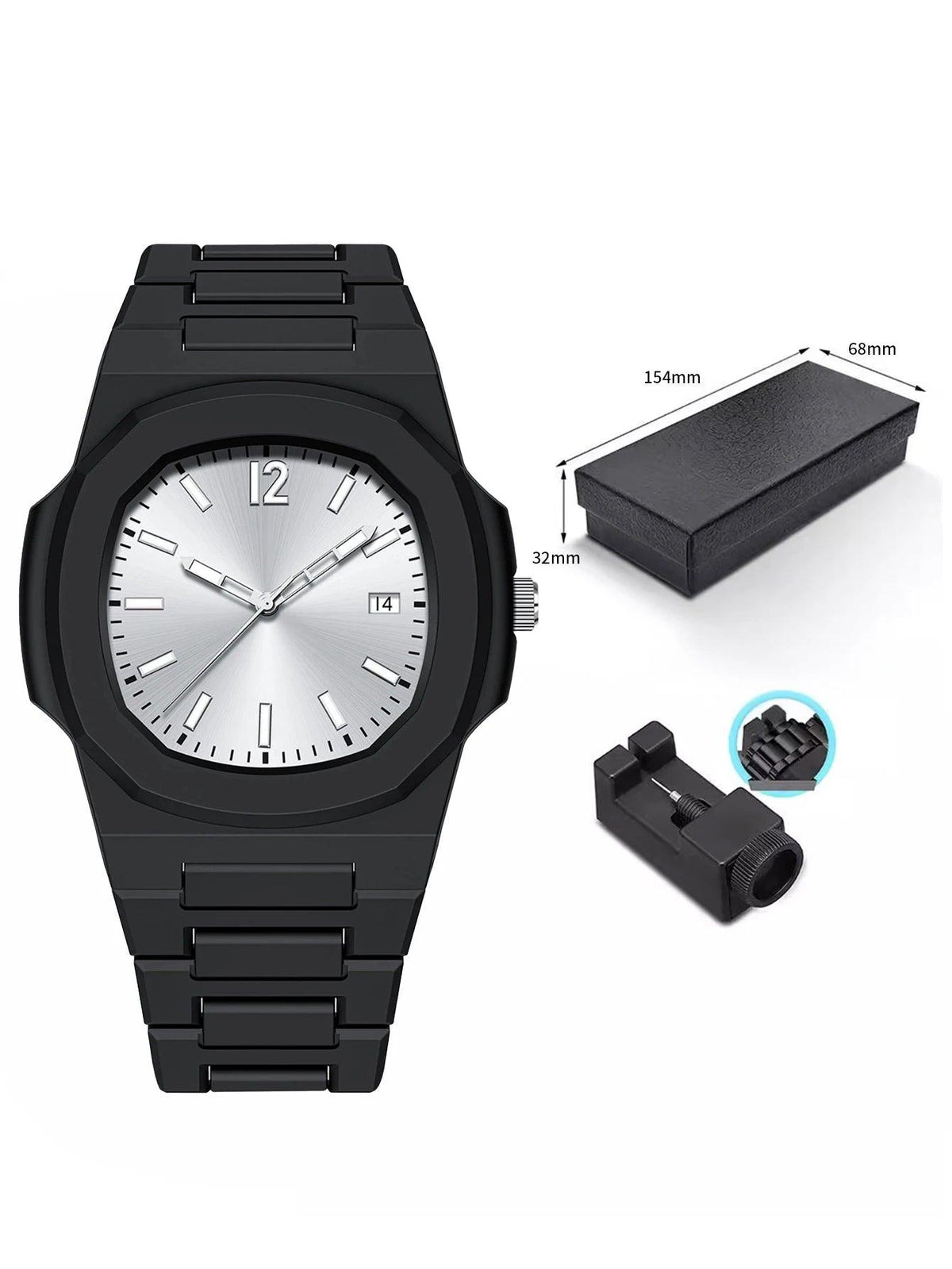 Black wristwatch with silver face, packaging box, and tool on a white background