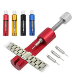 Four metal watch band link pin remover tools displayed side by side in red, gold, black, and blue colors, showing available color variants on a white background
