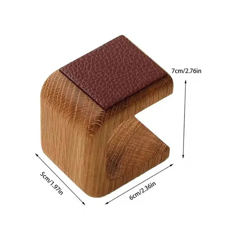 Wooden product with brown leather patch and dimensions on a white background
