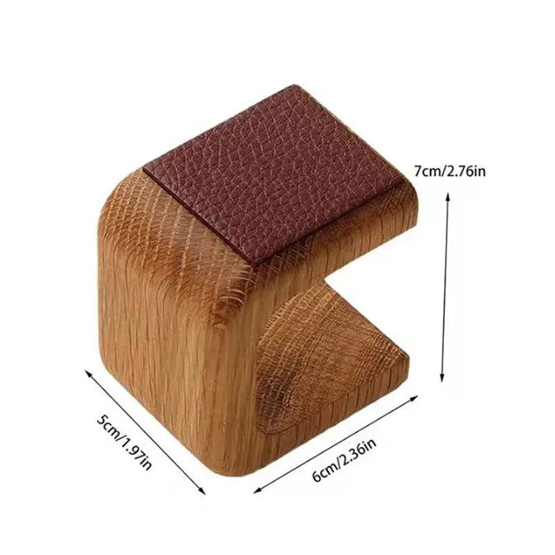 Wooden product with brown leather patch and dimensions on a white background