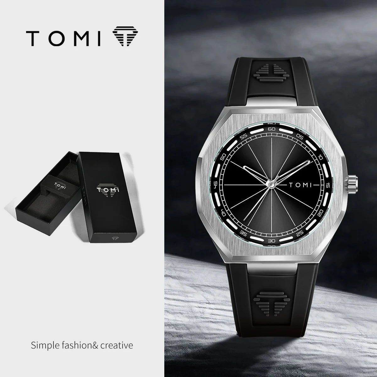 TOMI analog watch with a brushed silver-tone octagonal case, black dial, and black rubber strap, shown alongside its black presentation box on a split light gray background.