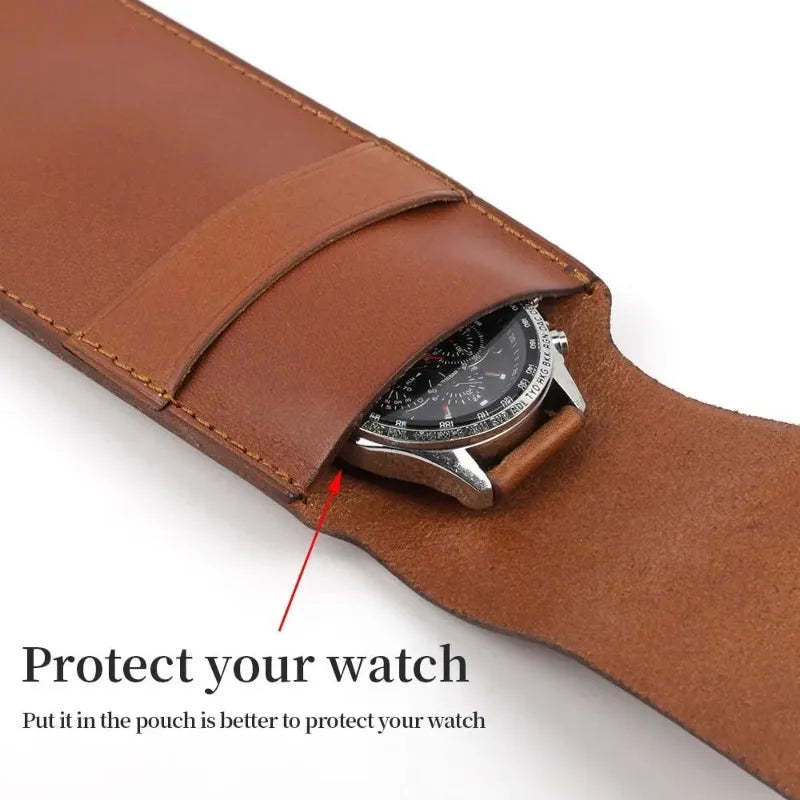 Brown leather watch pouch with a watch inside, on a white background.