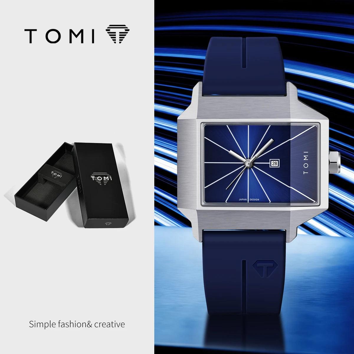Blue watch with silver case and blue strap on a blue background, featuring the TOMI brand.