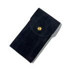 Black fabric pouch with a gold button on a white background