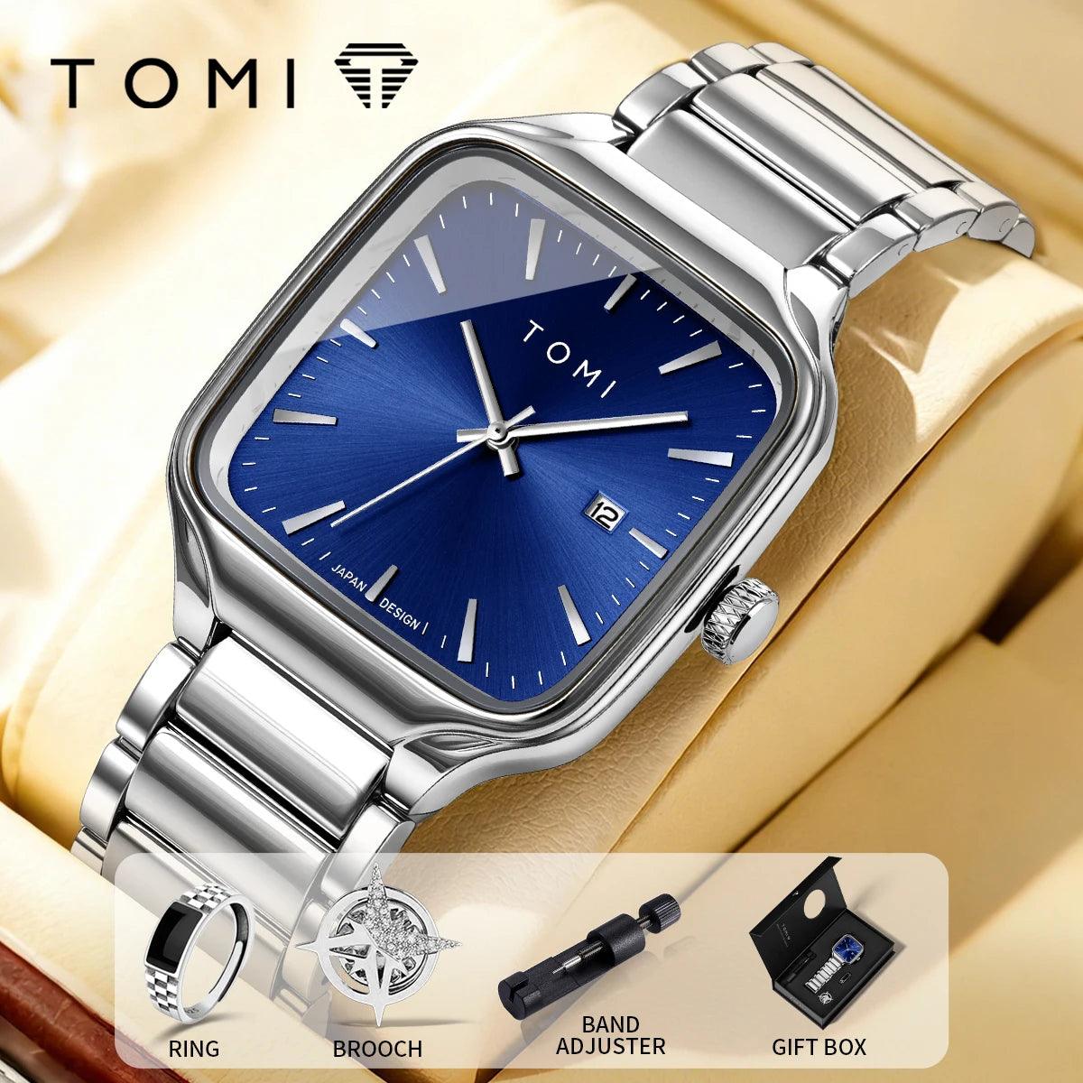 Silver watch with blue face on a gold background, featuring the brand 'TOMI'.