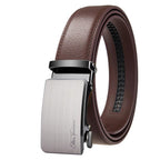 Brown leather belt with silver buckle on a white background