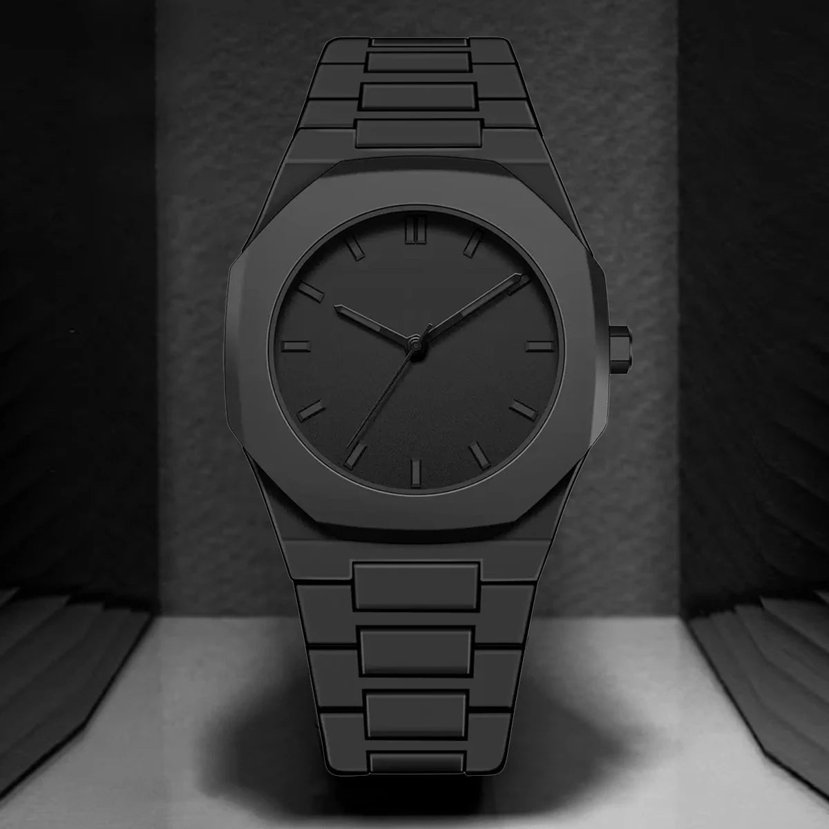 Black watch with a textured strap on a dark background