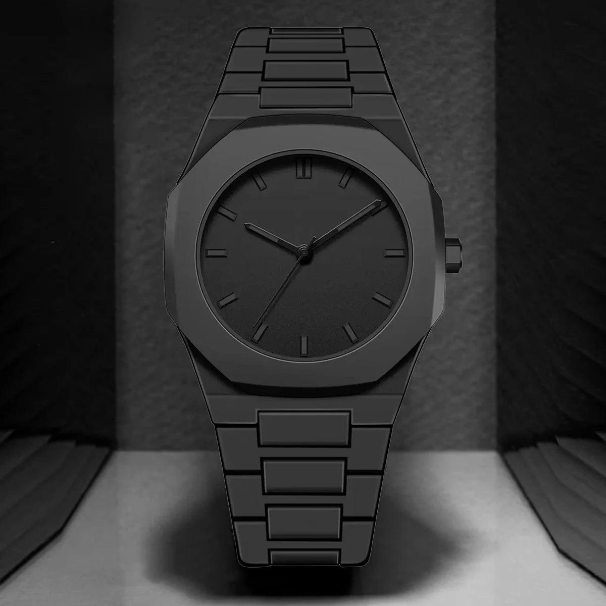 Black watch with a textured strap on a dark background