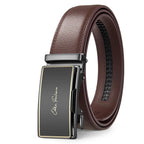 Brown leather belt with a black buckle on a white background