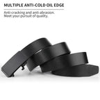 Black metal belt with anti-cracking and anti-abrasion features on a white background
