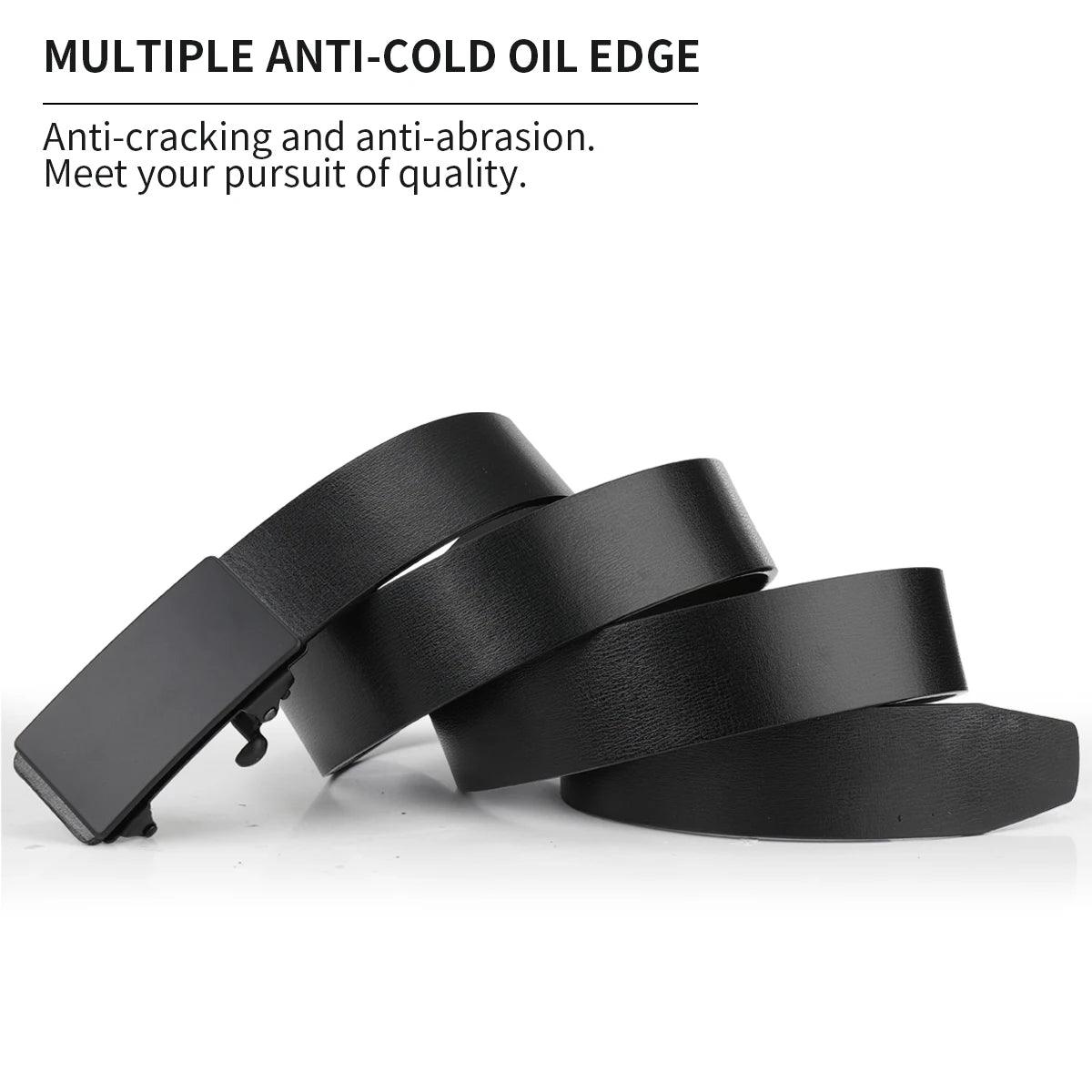 Black metal belt with anti-cracking and anti-abrasion features on a white background