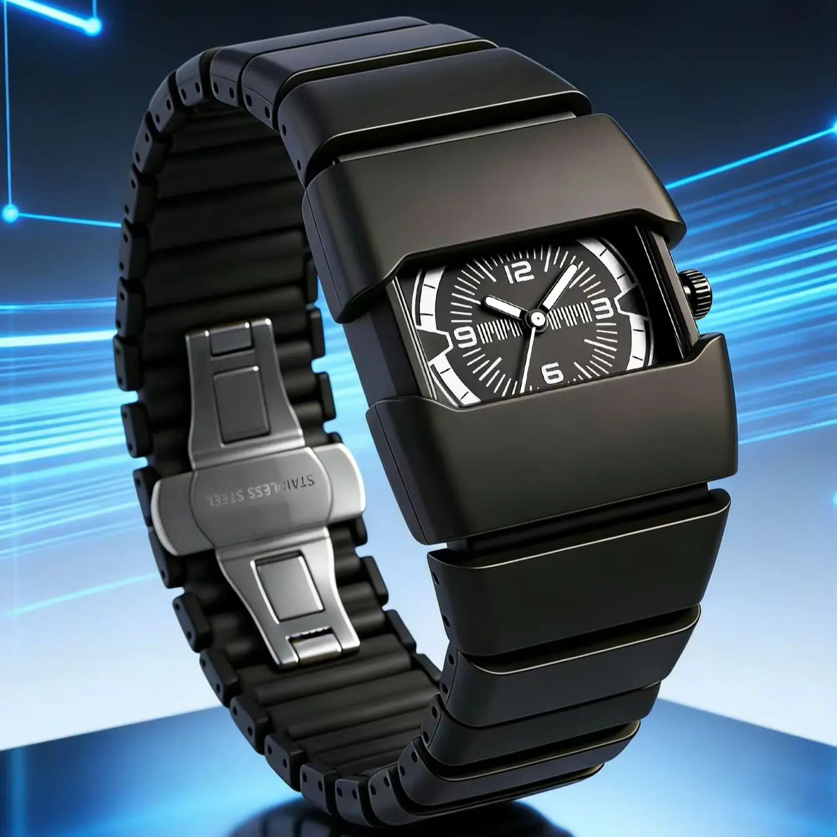Black wristwatch with metallic band on a blue and black gradient background