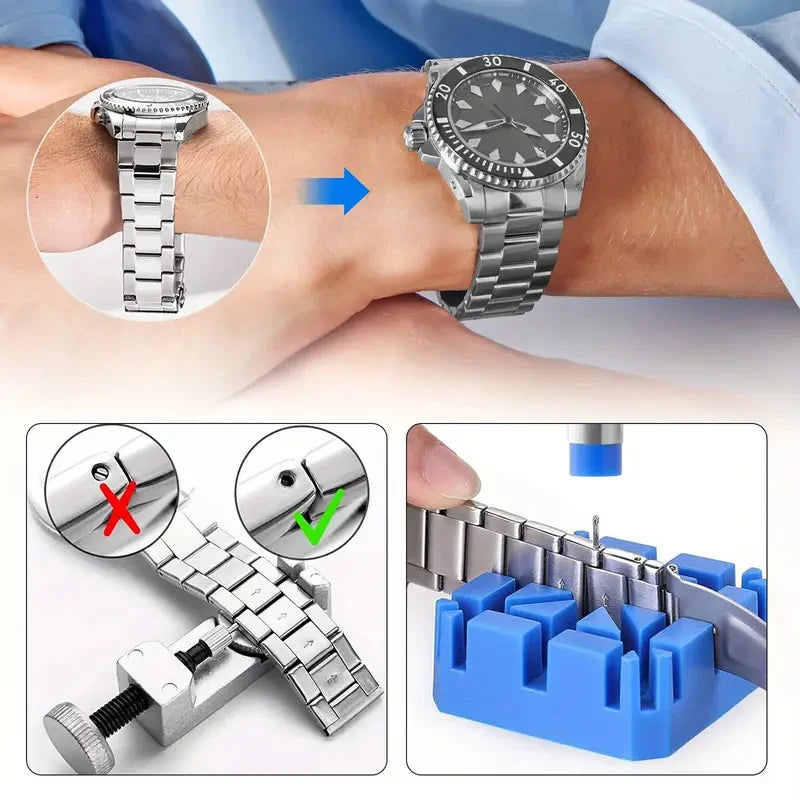Person wearing a silver watch with close-up insets showing watch band adjustment tools.