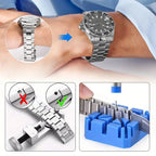 Person wearing a silver watch with close-up insets showing watch band adjustment tools.