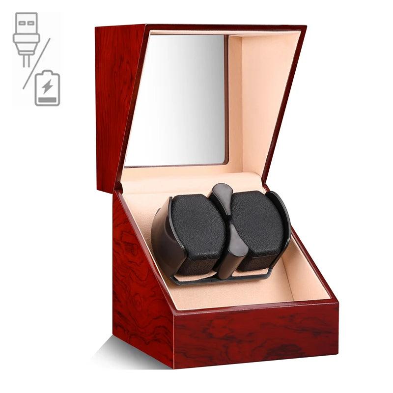 Black earbuds in a red wooden box with charging icon on white background
