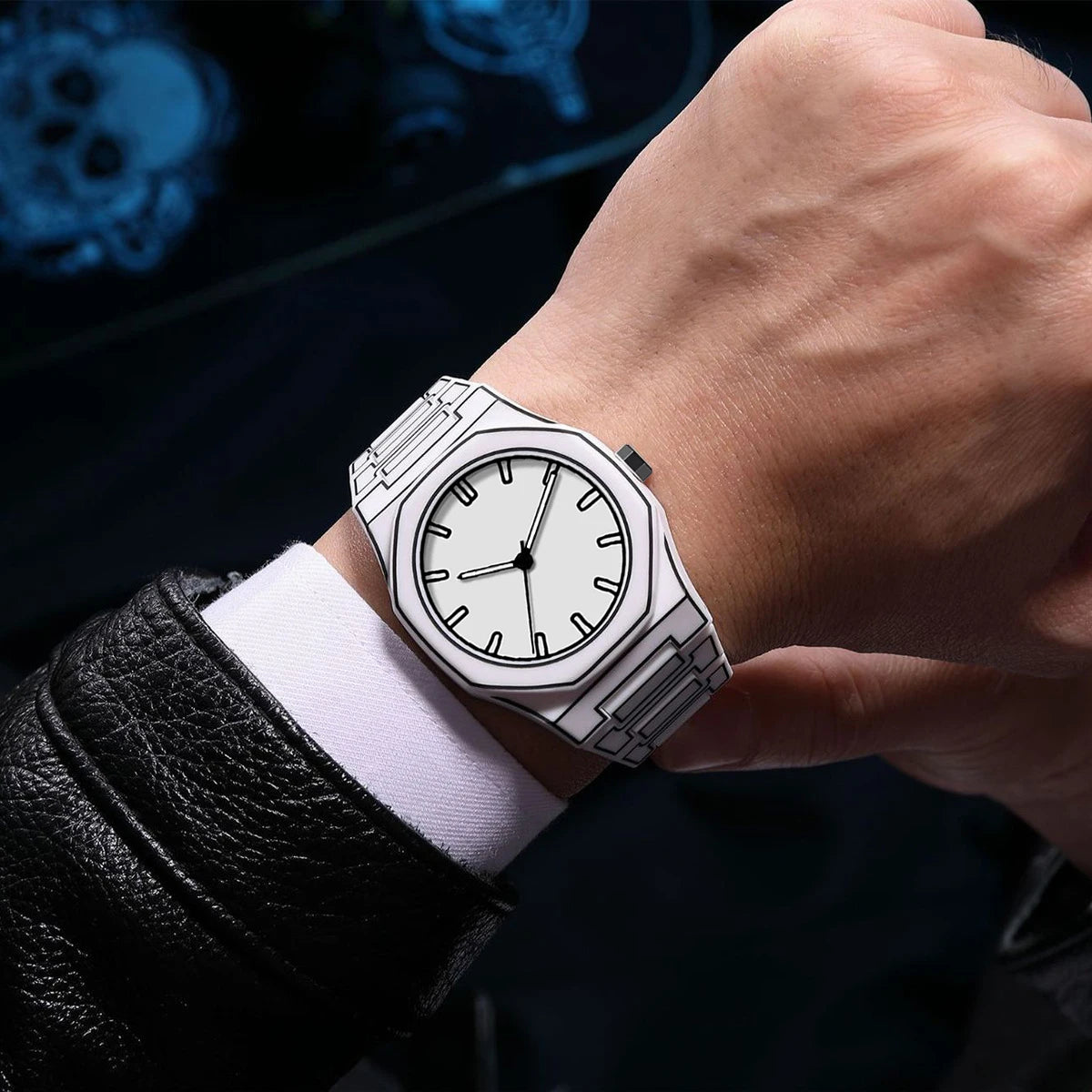 TOMI watch with octagonal case and geometric engraved steel bracelet, minimalist dial with baton hour markers and slim hands