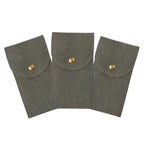 Three gray fabric pouches with gold buttons on a white background