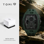 Tomi digital watch in dark green and black, shown next to its white and black product box on a split background, with the brand logo and text 'DIGITAL WATCH Simple fashion&creative' on the left.