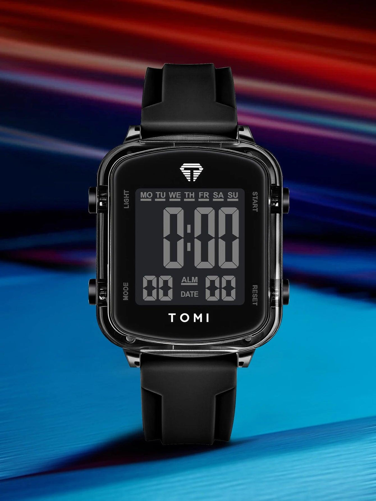 Black digital watch with a colorful background