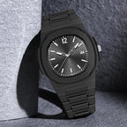 Black wristwatch with a metallic band on a textured gray background