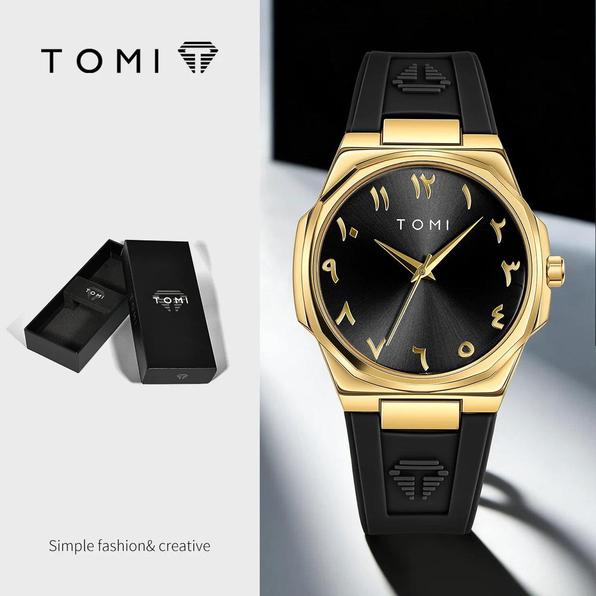 TOMI T051 gold-tone watch with TOMI gift box packaging