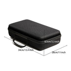 Black hard-shell travel case with dimensions indicated on a white background