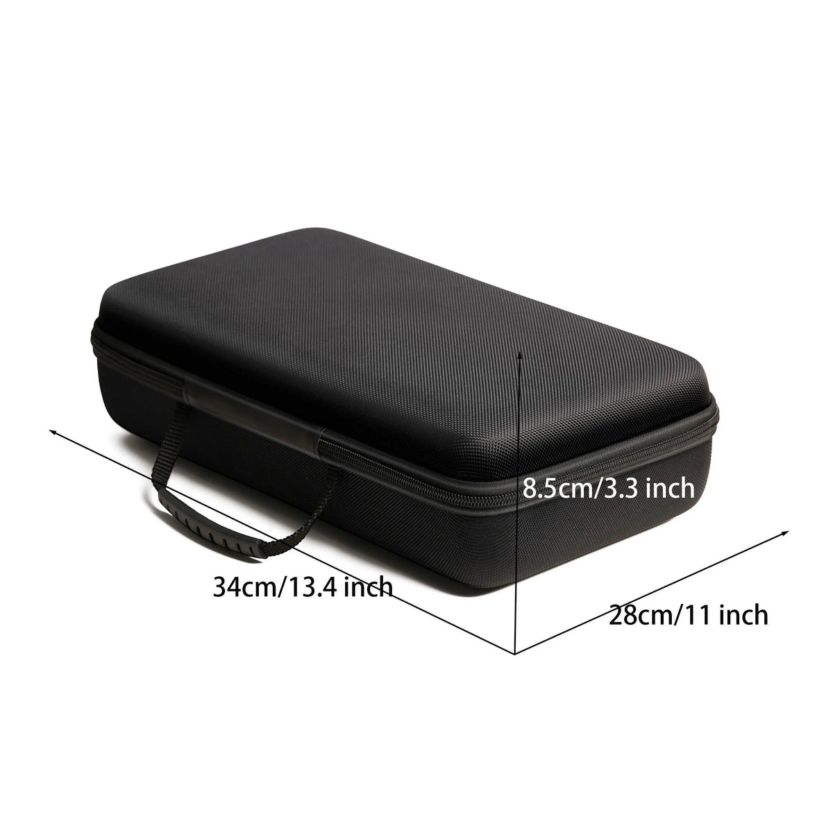 Black hard-shell travel case with dimensions indicated on a white background