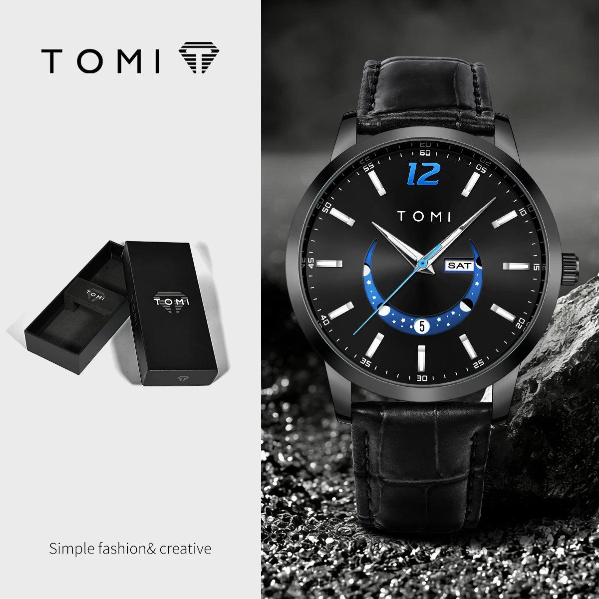 Black watch with leather strap and TOMI branding on a dark background
