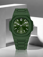 A green analog watch with a matching green link bracelet, a dark green dial, and silver-tone hands and markers, displayed on a modern gray and white geometric background.