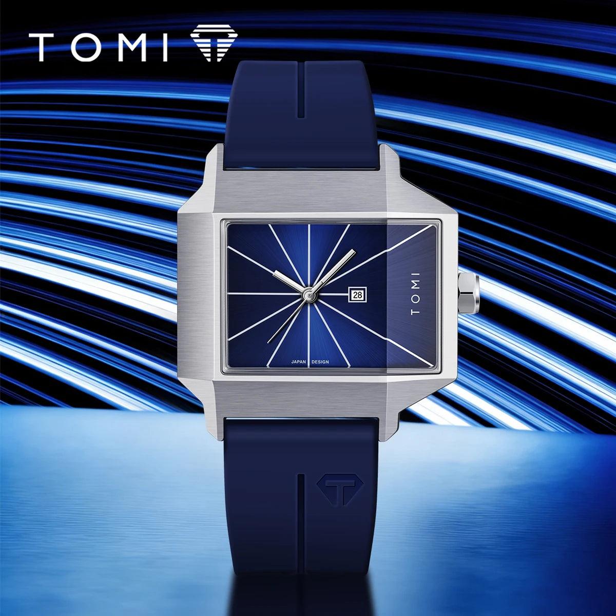 Blue watch with silver case on a blue and black striped background, featuring the TOMI brand.