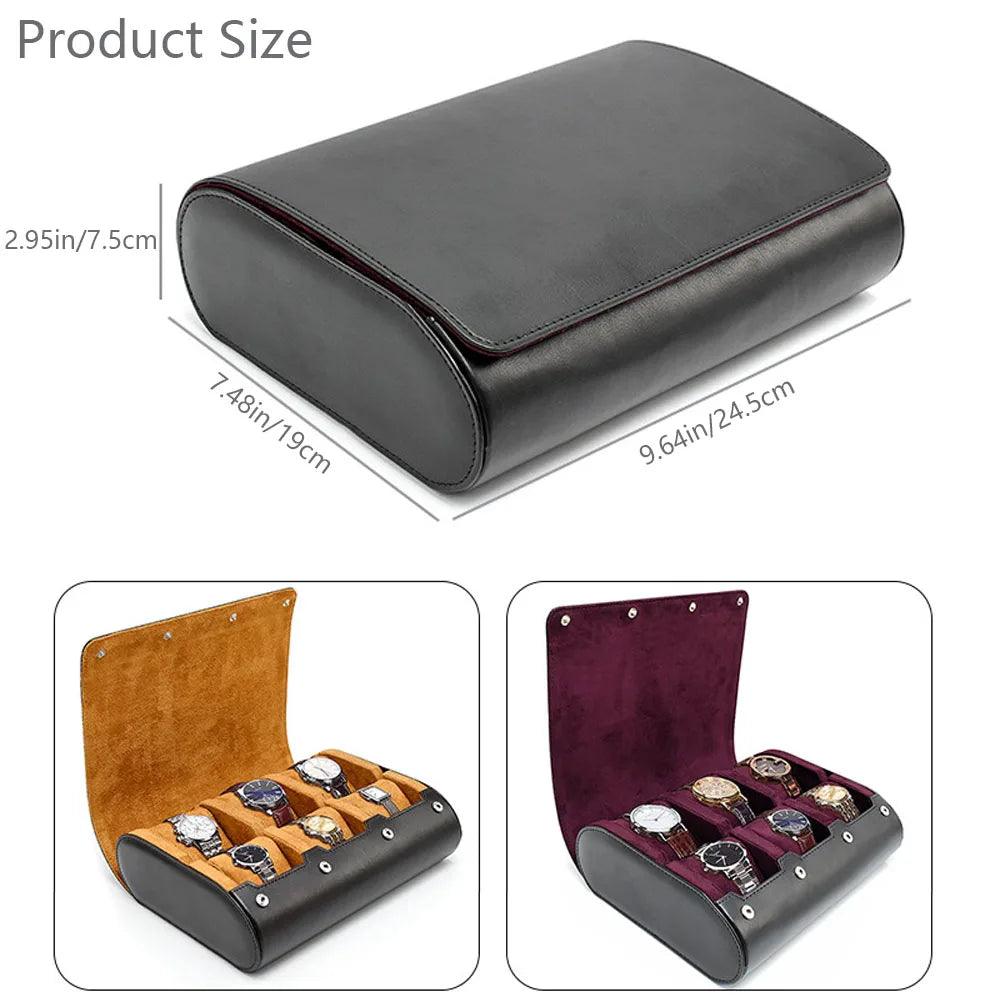 Black watch case with dimensions and examples of watch cases with watches inside.