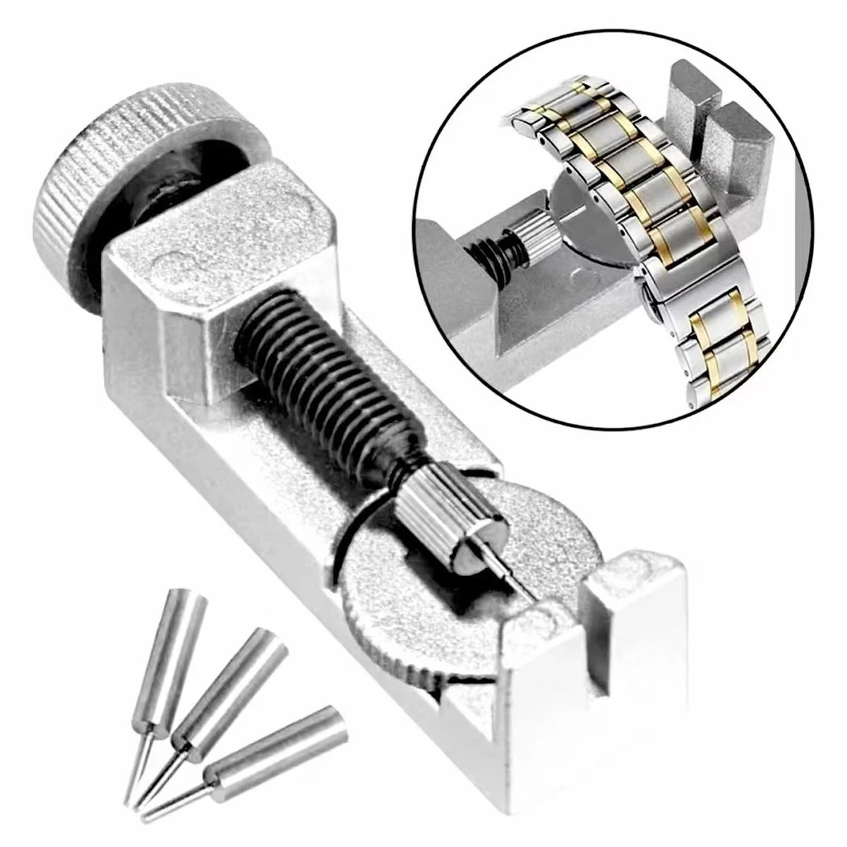 Watch band tool with screws on a white background
