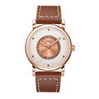 Watch with brown leather strap and rose gold casing on a white background