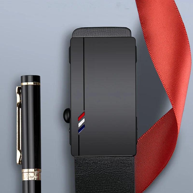 Black belt with a buckle featuring a red, white, and blue design, next to a pen on a gray background.