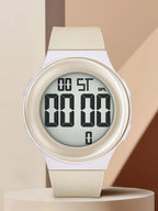 Digital watch with beige strap on a beige background