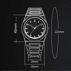TOMI watch with octagonal case and geometric engraved steel bracelet, minimalist dial with baton hour markers and slim hands