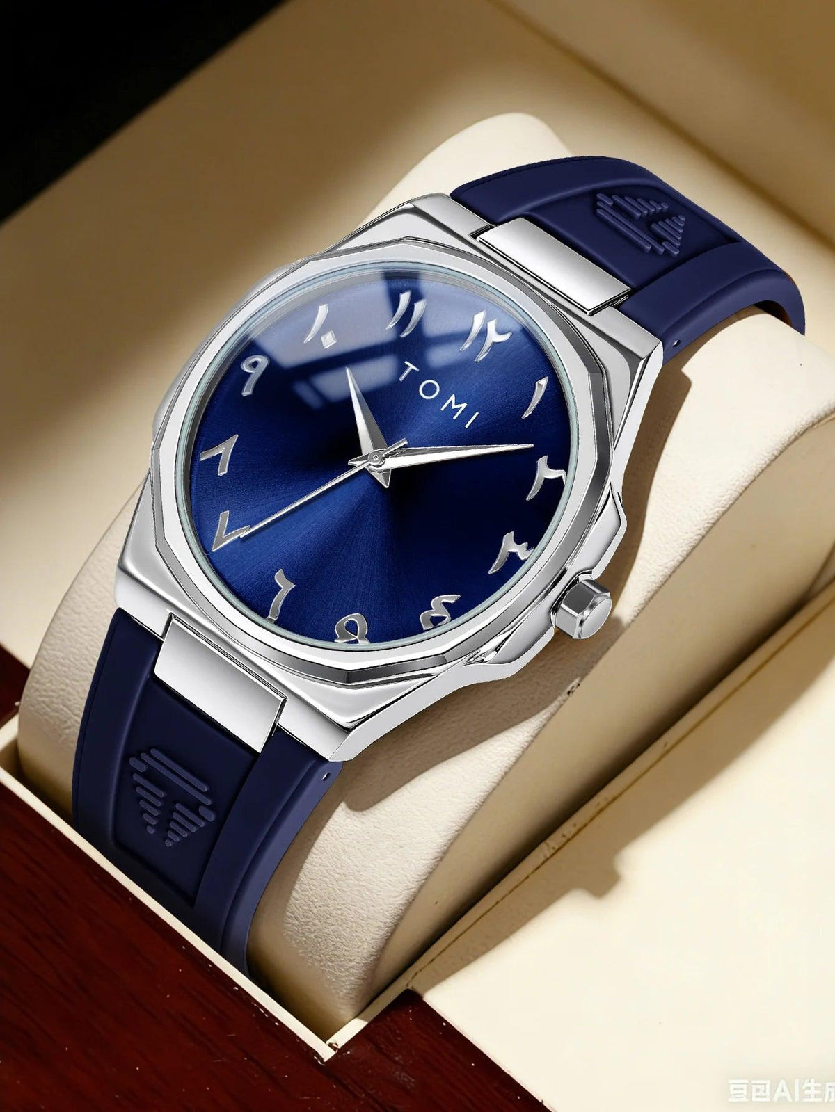 TOMI T051 blue dial watch with leather strap on wood surface