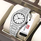 TOMI watch with octagonal case and geometric engraved steel bracelet, minimalist dial with baton hour markers and slim hands