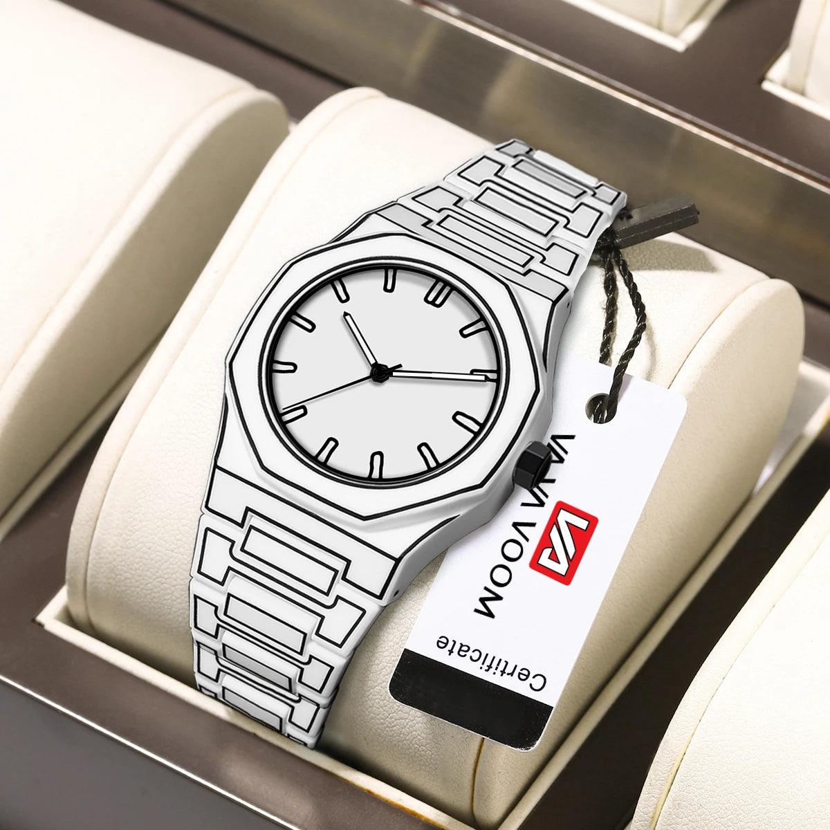 TOMI watch with octagonal case and geometric engraved steel bracelet, minimalist dial with baton hour markers and slim hands