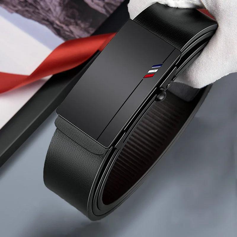 Black belt with a brand logo on a gray surface