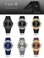 A product catalog graphic for TOMI wristwatches, featuring six models with different strap and case color combinations (black, silver, gold, blue, gray, and brown) arranged in a grid below a header showing the TOMI brand logo and packaging.