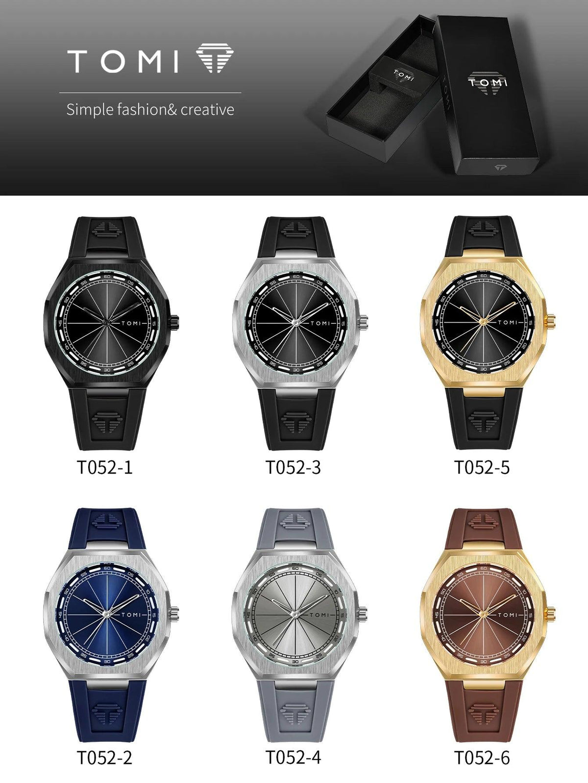 A product catalog graphic for TOMI wristwatches, featuring six models with different strap and case color combinations (black, silver, gold, blue, gray, and brown) arranged in a grid below a header showing the TOMI brand logo and packaging.