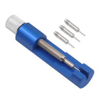 Metal watch band link pin remover tool with 3 extra replacement pins included in the package, displayed on a white background