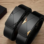Black belt with geometric buckle on a wooden surface